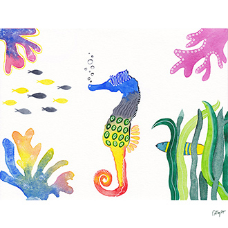 peinture aquarelle, fond marin, illustration, Hippocampe, poissons, algues, multicolore, illustration coloree